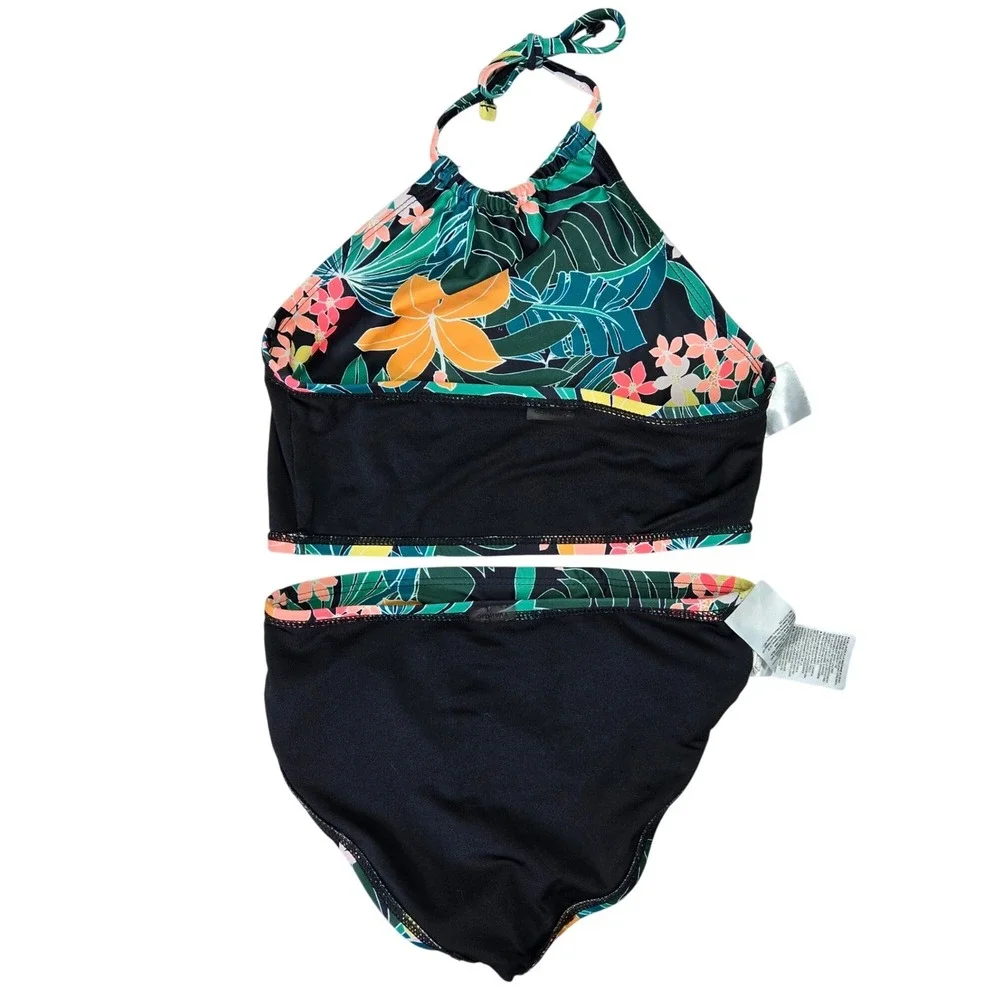 Old Navy‎ Girls Size 6-7 Small Black Floral Tropical Crop Halter Bikini Set